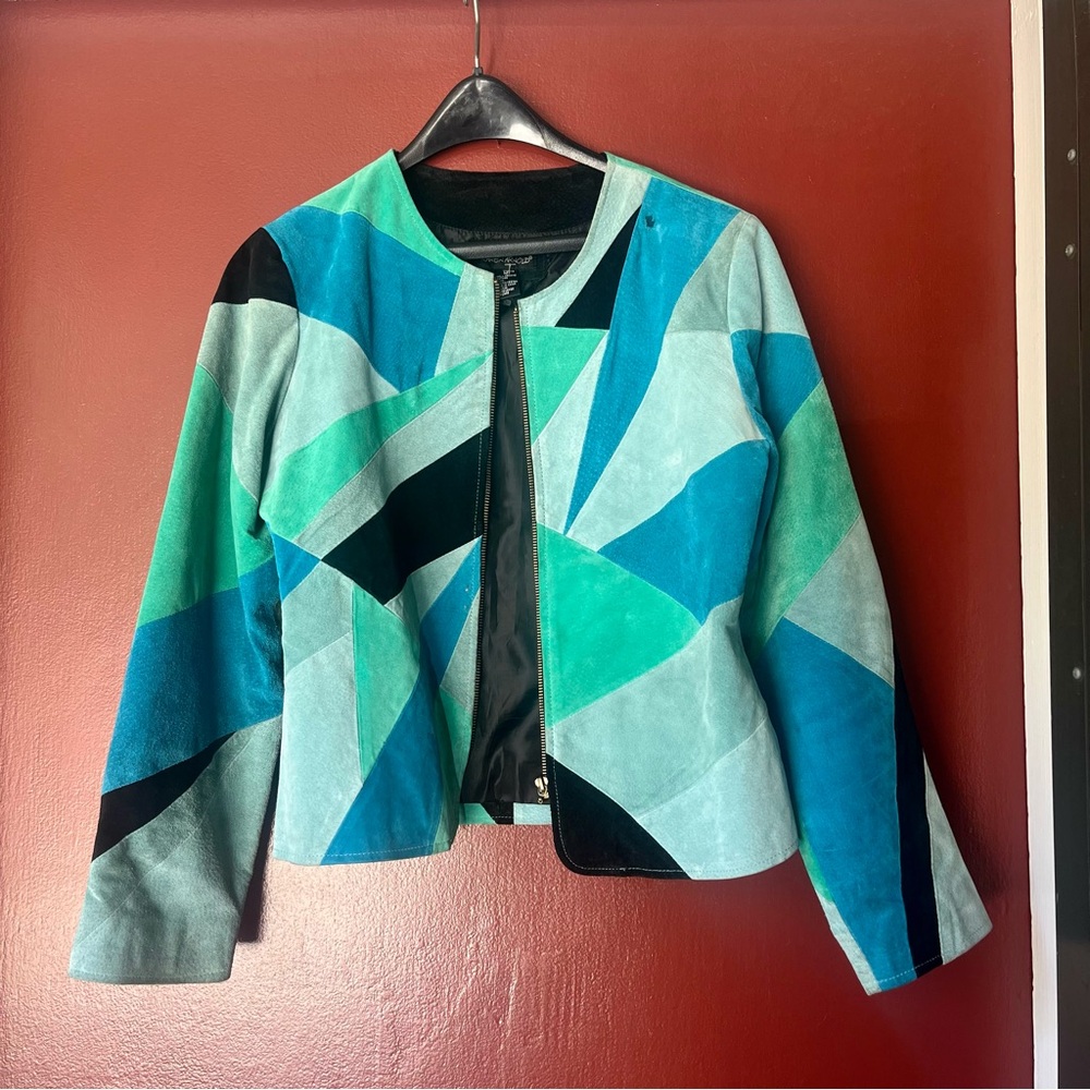 Karen Arnold Blue Green Patchwork 100% Leather + Suede Zip Up Jacket